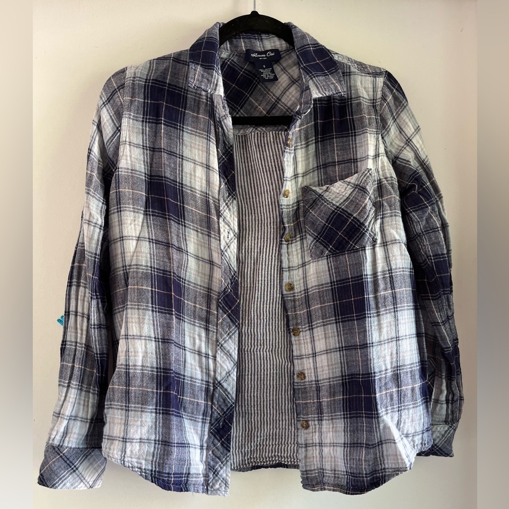 Anna Cai Cotton Flannel Button Down Plaid Striped Shirt Womens Size S Blue White